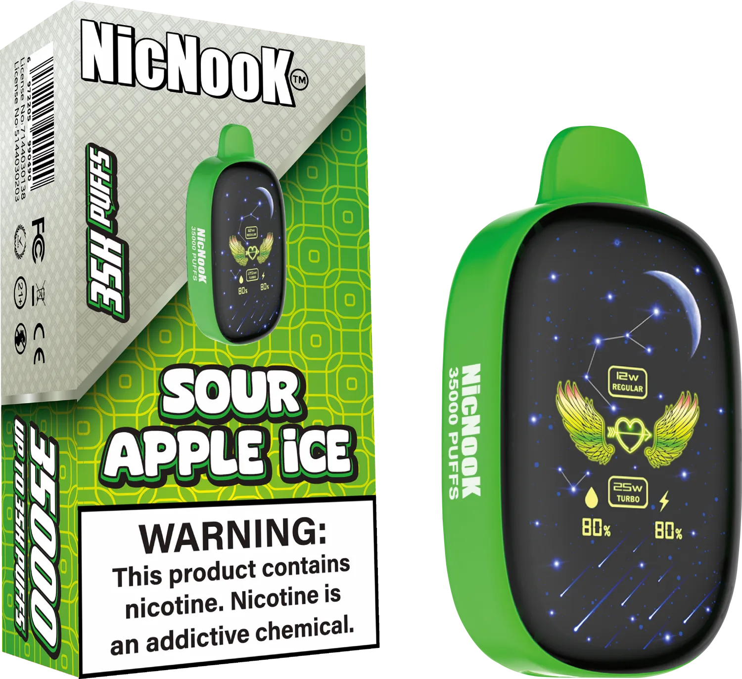 NicNook Sour Apple Ice disposable vape delivers a tart green apple flavor with an icy menthol finish, offering a bold and refreshing vaping experience.